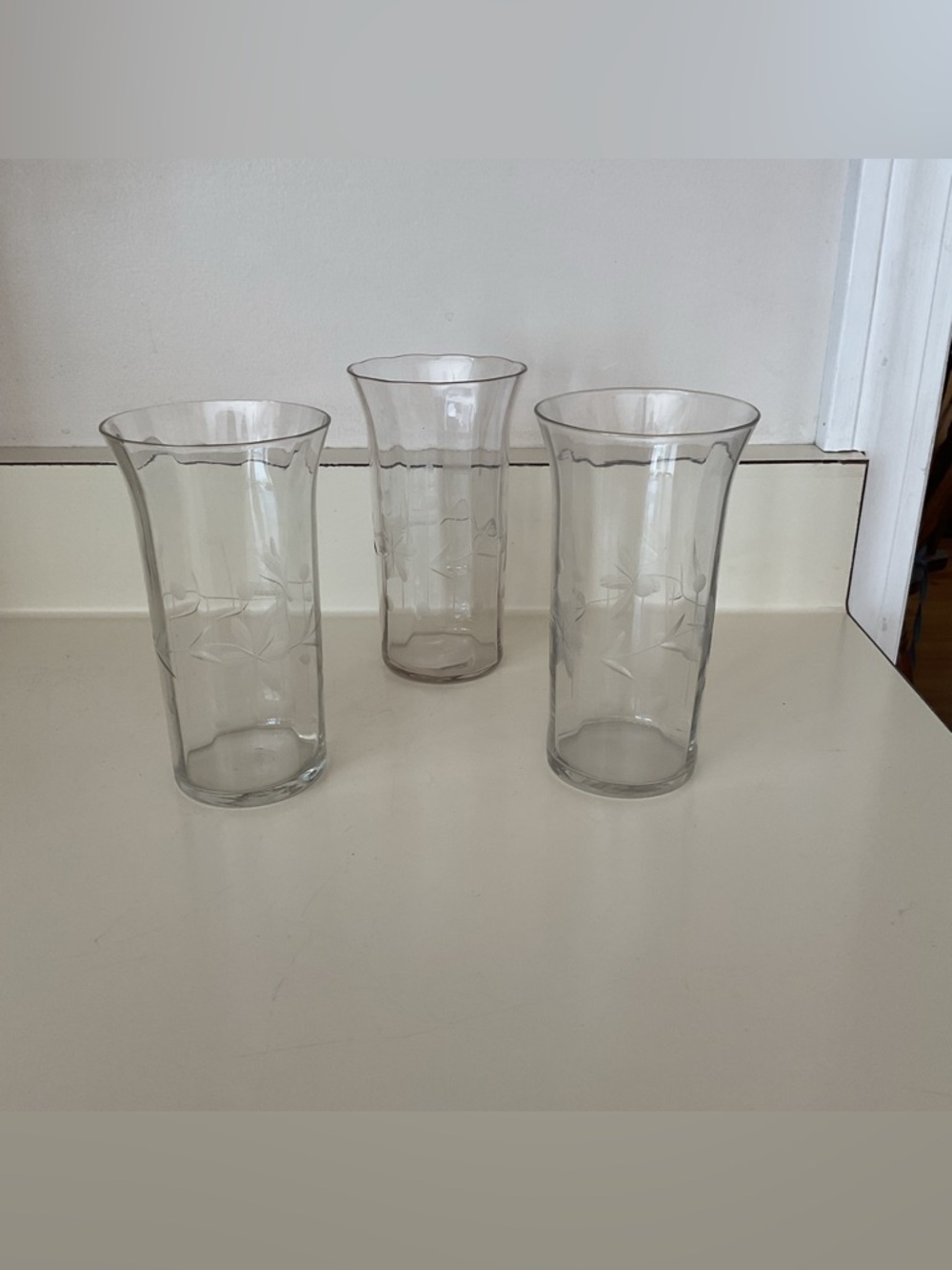 3 Clear Etched Glasses or Vases with Floral Motif